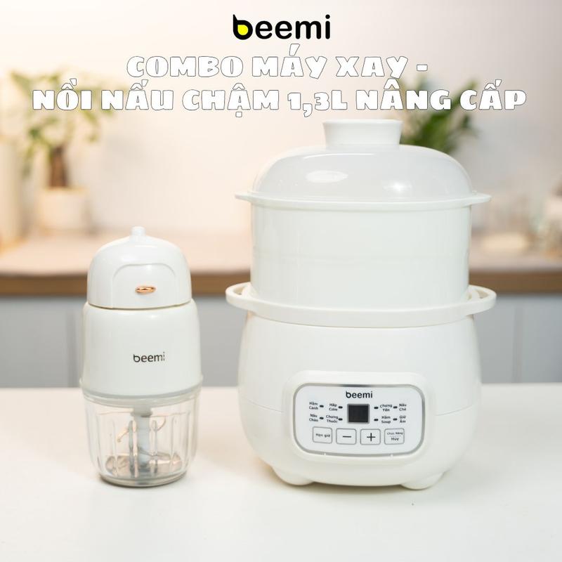 Combo nồi nấu cháo chậm Beemi dung tích 1,3L 8 chức năng, nấu cháo, nấu đồ ăn dặm cho bé và máy xay Beemi 8 lưỡi dao inox, dung tích 300ml Voi
