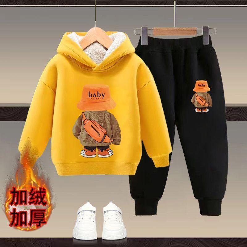 Bộ Đồ Áo Nỉ Có Mũ Trùm Đầu, Cho Trẻ Em, Lót Lông Cừu, Dày Dặn, Thích Hợp Cho Mùa Thu Và Mùa Đông, Cho Bé Trai Và Bé Gái, Phong Cách Phương Tây Mới, Bộ Đồ Ấm Áp Hai Mảnh, Trẻ Em 4