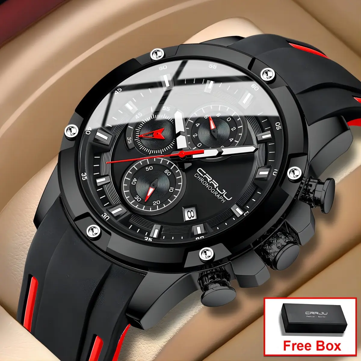 Jam Tangan Pria CRRJU Fashion Tahan Air Chronograph Dark Glow Jam Tangan Cowok Karet 2298