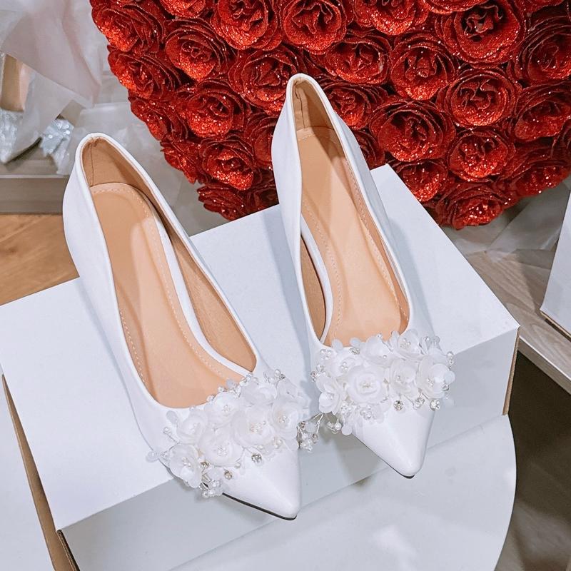 GIÀY CƯỚI GÓT NHỌN 5P - SG09- GIÀY THIẾT KẾ HOA THỦ CÔNG TIỂU THƯ SANG CHẢNH - Chân dày - to mập tăng size. Nữ Shoes