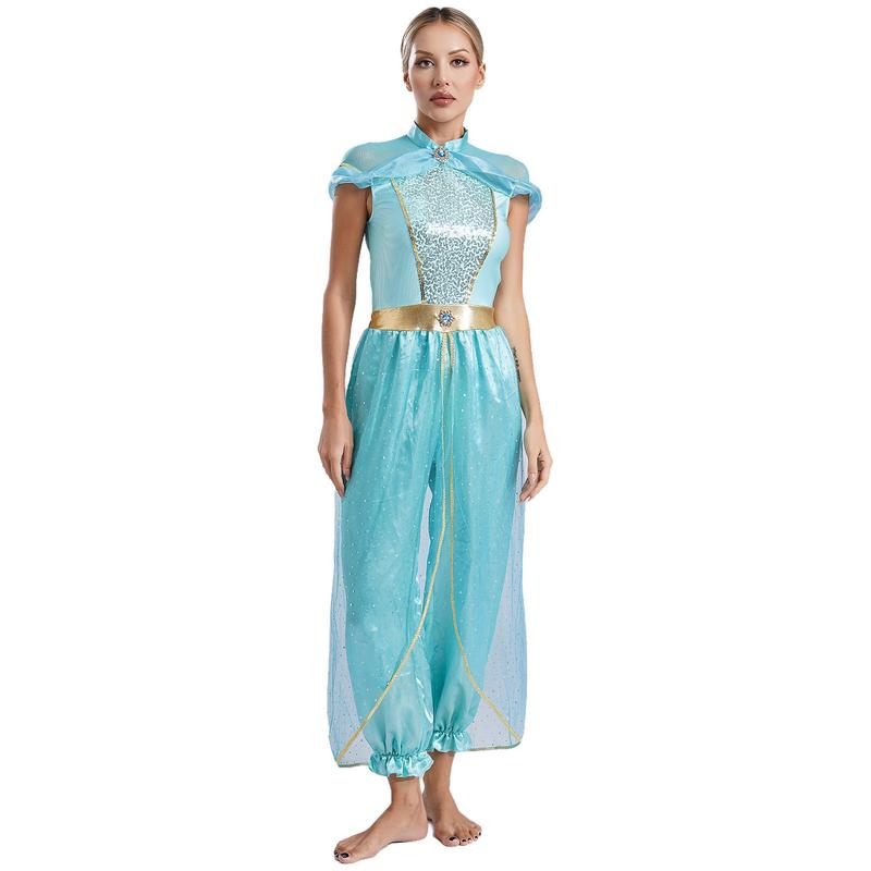dPois Women Girls Arabian Princess Rompers Belly Dance Costume Cosplay Halloween Adult Fancy Dress Up 4