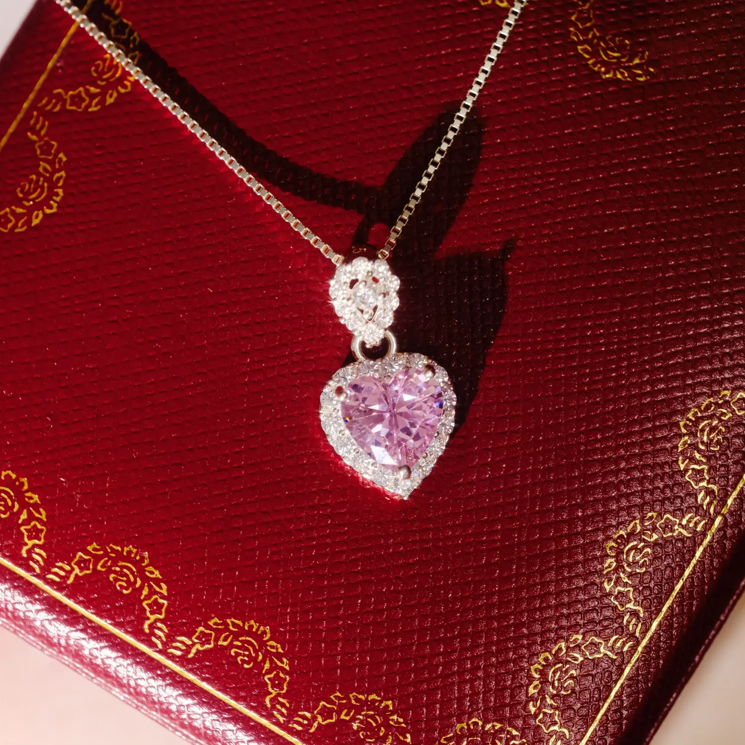 KL0267HONG Dây Chuyền Bạc Nữ Halo Tim 1.5ly Đá Chủ Tim Hồng Heart Cut 7.0ly Trang sức ECZ
