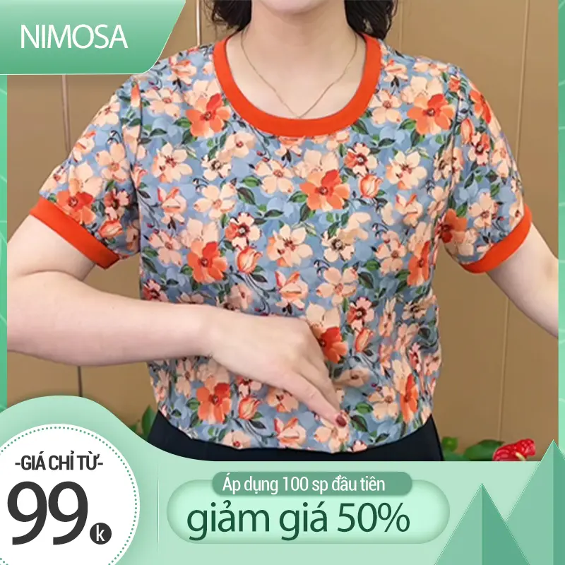 NIMOSA - Áo Phông Nữ Trung Niên Cổ Tròn Nhiều Màu M1, Áo Thun Nữ Trung Niên Form Rộng Cho Mẹ Bigsize 90KG Top Women