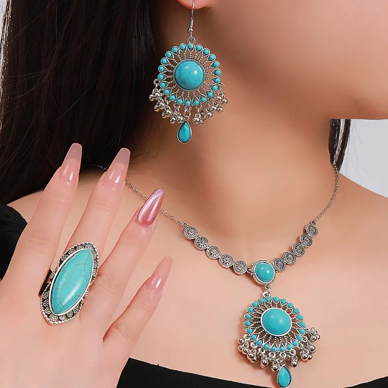 Handmade Turquoise Jewelry Set, Vintage Necklace Earrings Ring, Bohemian Statement Gift for Women 0