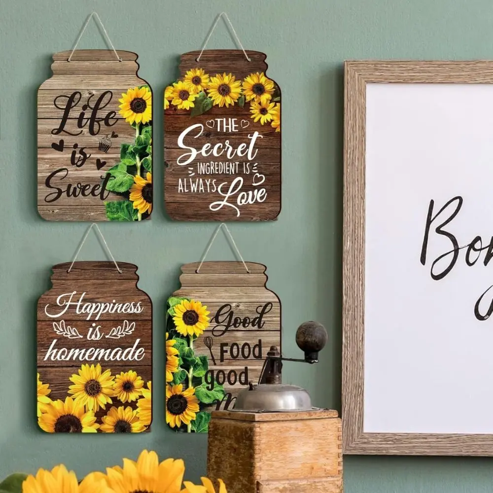 4 Pcs Self-Adhesive Sunflower Wall Sticker Mason Jar Shape Inspirational English Decorative Painting Plaque Rustic Wooden Signs Restaurant