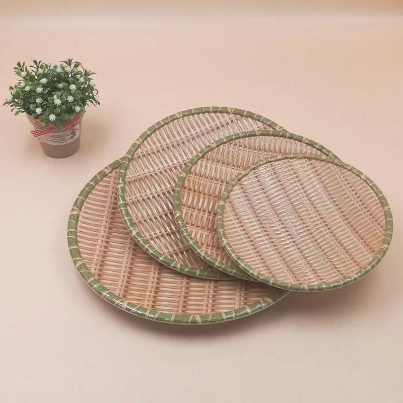 Đĩa Phíp Giả Tre Đan - Mẹt Nhựa Giả Mây Trưng Bày Thực Phẩm, Đựng Đồ Ăn Hình Tròn, Chữ Nhật