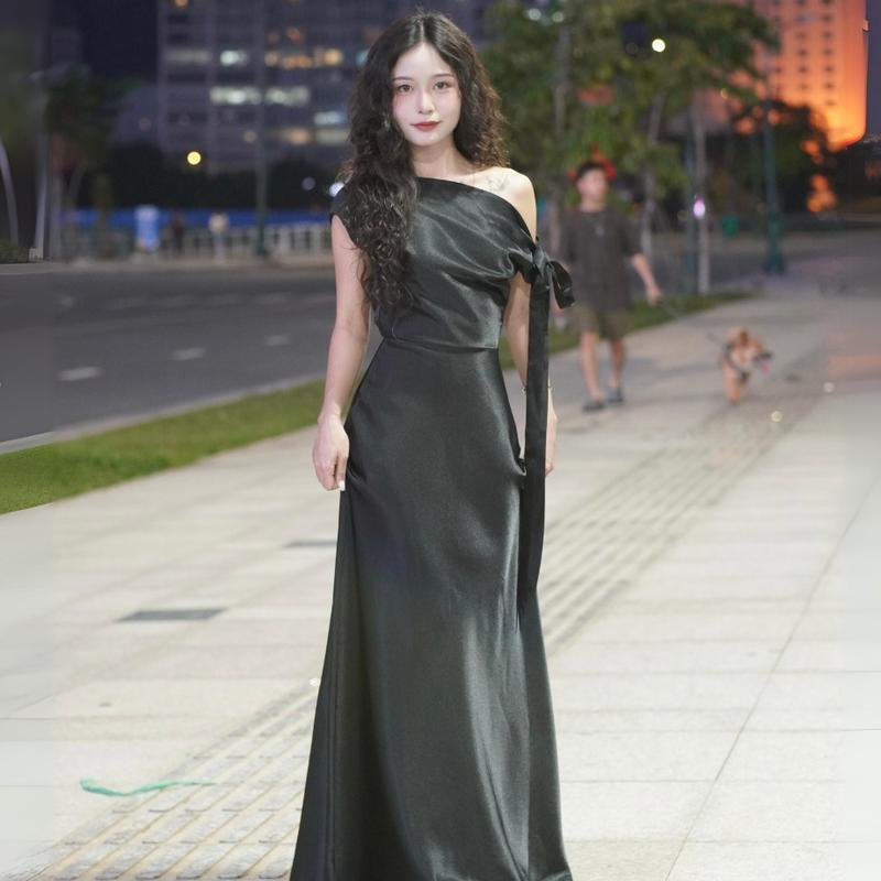 Đầm Lụa Dự Tiệc Trễ Vai Phối Nơ Lệch Vai Lụa Hàn SilkChic 684 Váy Lụa Đầm Dự Tiệc Cưới Lệch Vai Dây Thắt Được Nhiều Kiểu Nữ Women Dress