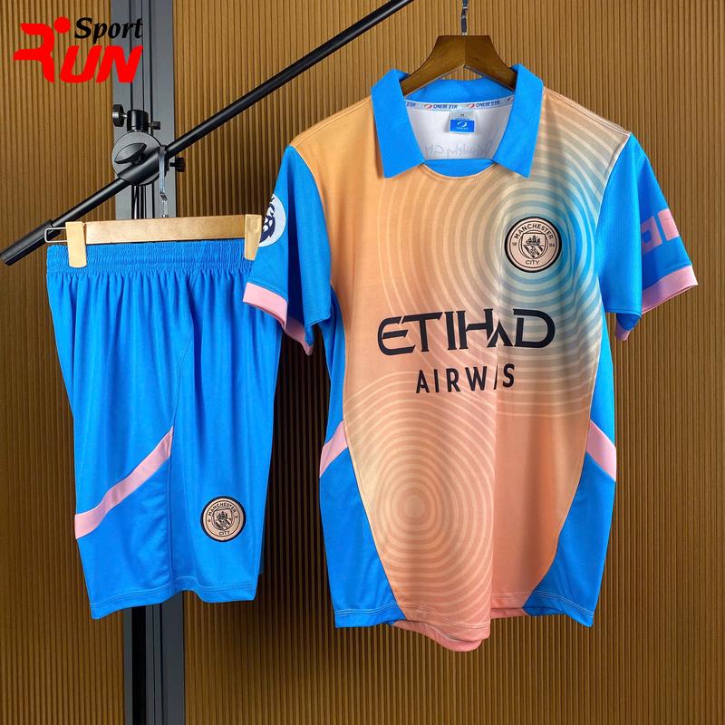Bộ áo bóng đá, Đồ đá banh, Áo đấu clb MAN CITY 2024 2025 màu XANH KEM CỔ BẺ hàng đẹp - Vải thun lạnh co giãn, thoáng mát RUN Sports - IN TÊN SỐ