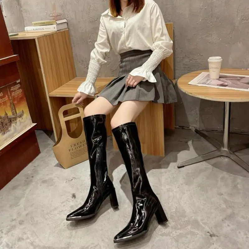 (S220) Bốt đùi nữ HOT  đế 9p tôn dáng (Mã 8815 - BOT Bóng CỔ THẲNG) GiàY Shoes Boot Cổ Cao Jean Nhung boot  nữ 1