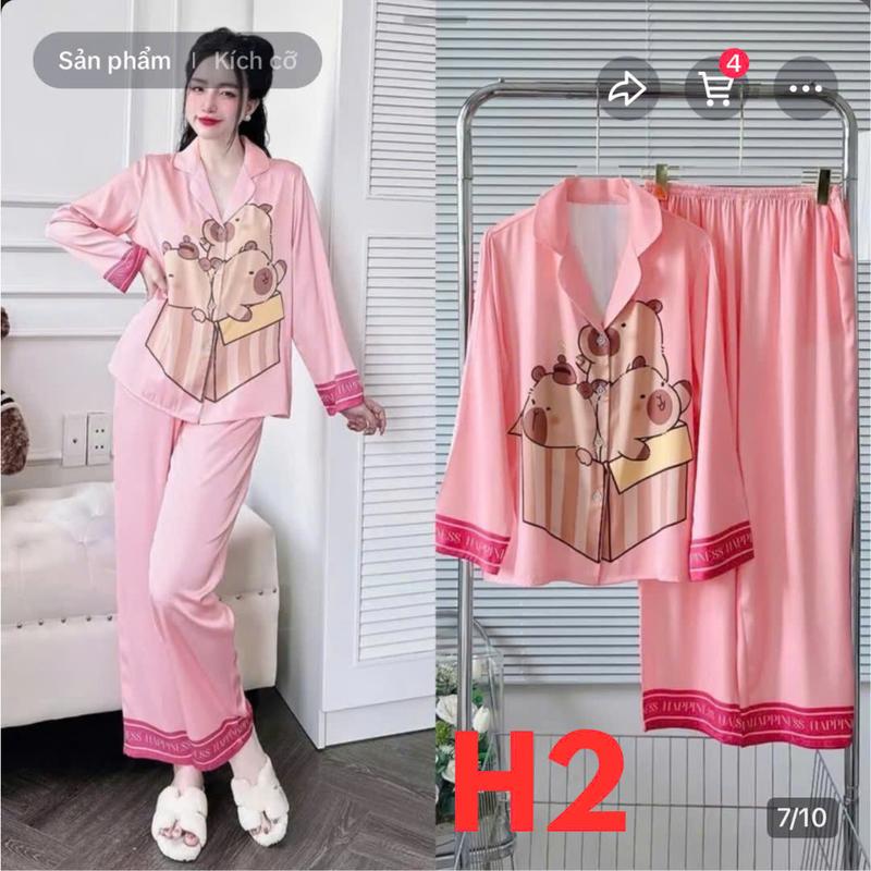 Bộ đồ ngủ mặc nhà dài tay in hình vải satin cao cấp - Bộ pijama hoạt hình dễ thương Nữ Women Quần Ngủ Áo Ngủ 8
