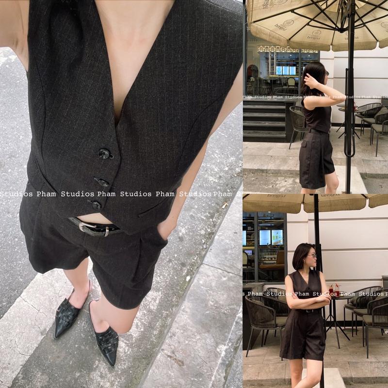 Pham Studios, Áo blazer cộc tay xẻ sau, áo gile croptop và quần cạp cao xếp ly túi trước hiện đại, vải text màu đen chì kẻ nâu 8