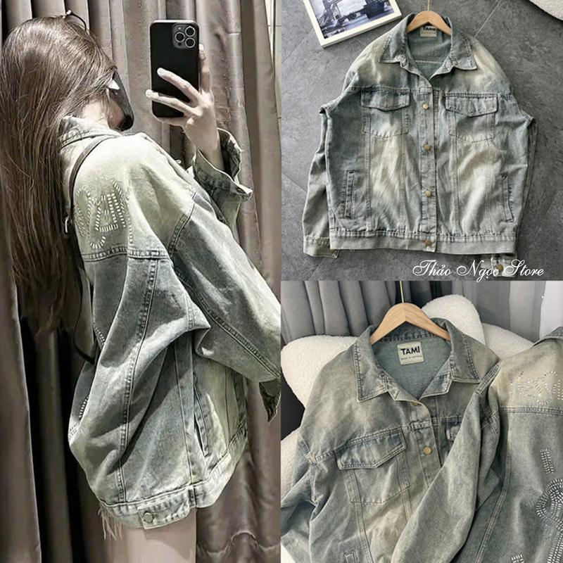 Áo khoác jean nữ tay dài form rộng lưng chữ đính đá 68cm! THẢO NGỌC STORE Nữ Women Top Bò Jacket