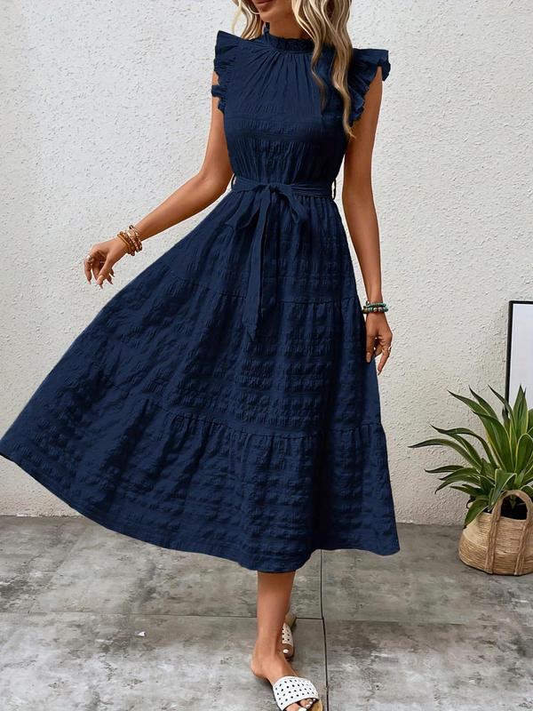 Plain Belted Ruffle Hem Frill Trim Keyhole Neckline Butterfly Sleeve Dress, Boho Cap Sleeve A Line Long Dress for Beach Holiday Vacation, Ladies Summer Clothes 8