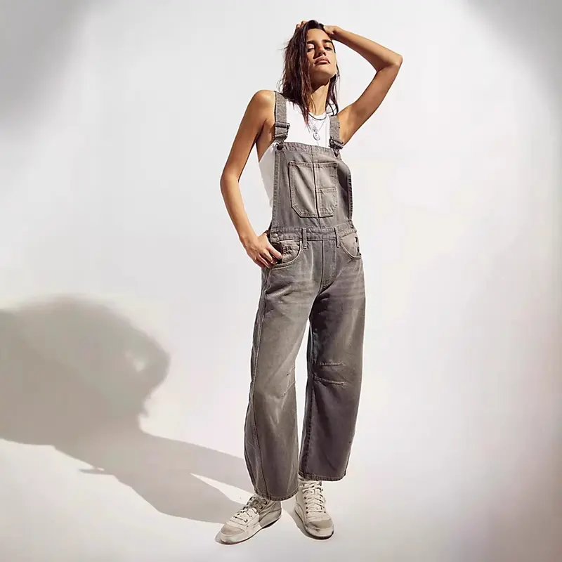 Quần Yếm Denim Túi Hộp Thời Trang Đường Phố, Dáng Suông Tôn Dáng Dáng Rộng Rãi, Phong Cách Cổ Điển Giặt Dễ Phối Đồ, Dành Cho Nữ, Hàng Mới Về Năm 2025 2
