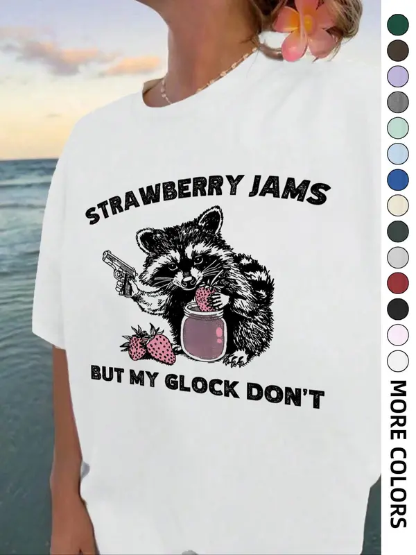 Women's Strawberry & Raccoon Print Round Neck Tee, Fashion Casual Drop Shoulder Short Sleeve T-shirt for Daily Wear, Ladies Summer Clothes,  T Shirts for Women 6