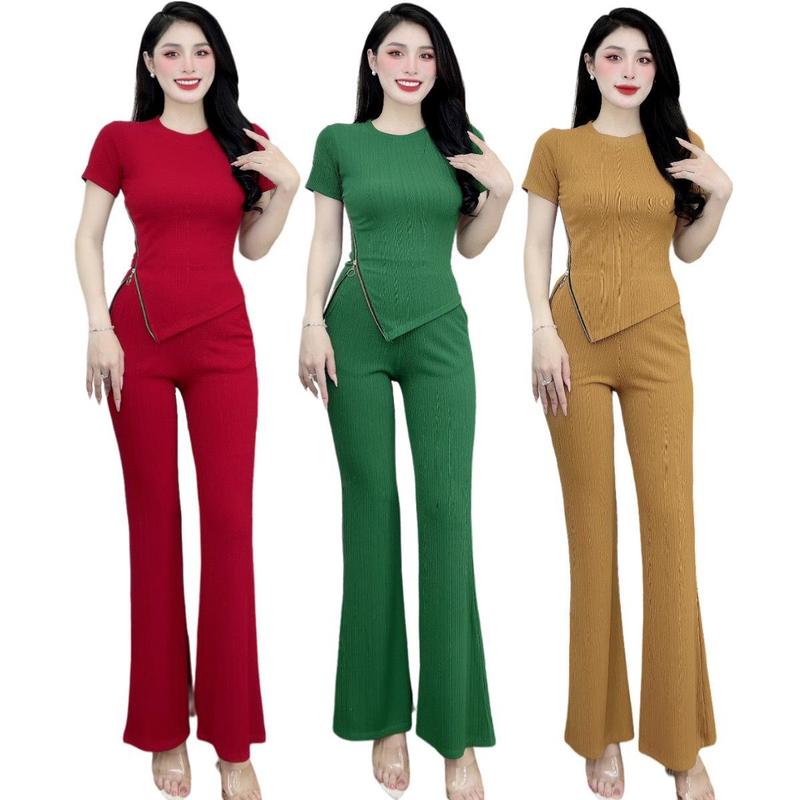  S27 Set Bộ  Áo  Cổ Tròn Phối Dây Kéo Tà Xéo Kèm Quần Loe - Chất Len Sọc - Màu : Xanh Đỏ Hồng Đen Vàng Cam - Size: S M L XL Tay ngắn Nữ Women Top 