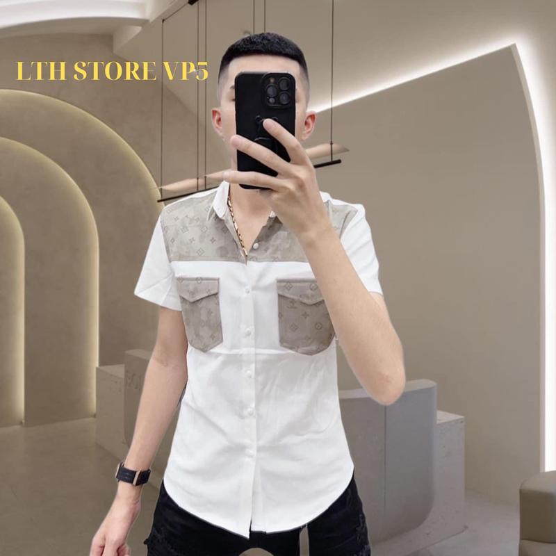 Áo sơ mi nam nữ tay ngắn phối vai túi họa tiết cực chất  , vải đũi chuẩn phom trẻ trung năng động Menswear Trắng