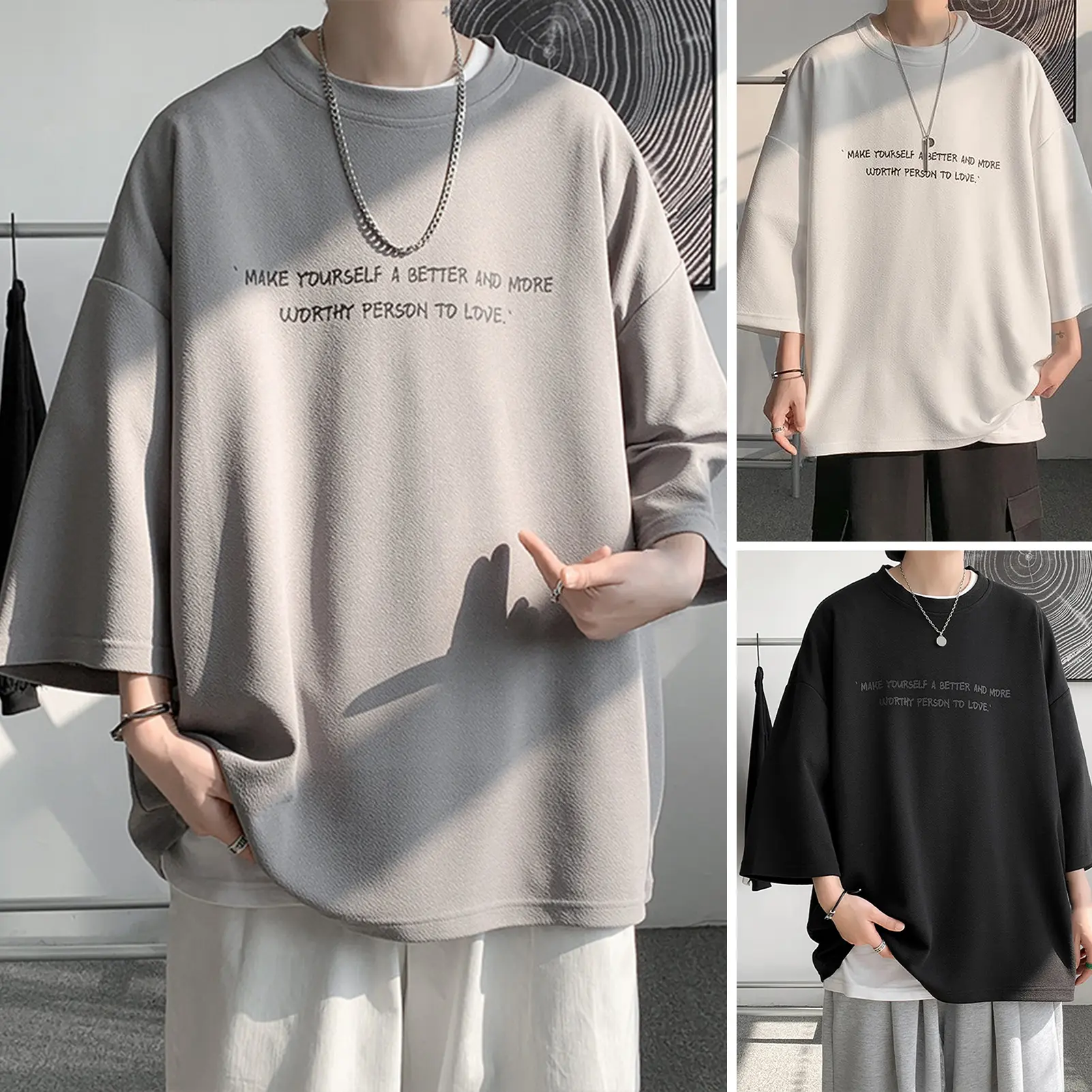 Qikbjgs O-Neck 3/4 Sleeve Men T-shirt Ice Silk Thin Moisture Wicking Oversized Letter Print Tee Shirt Daily Clothing