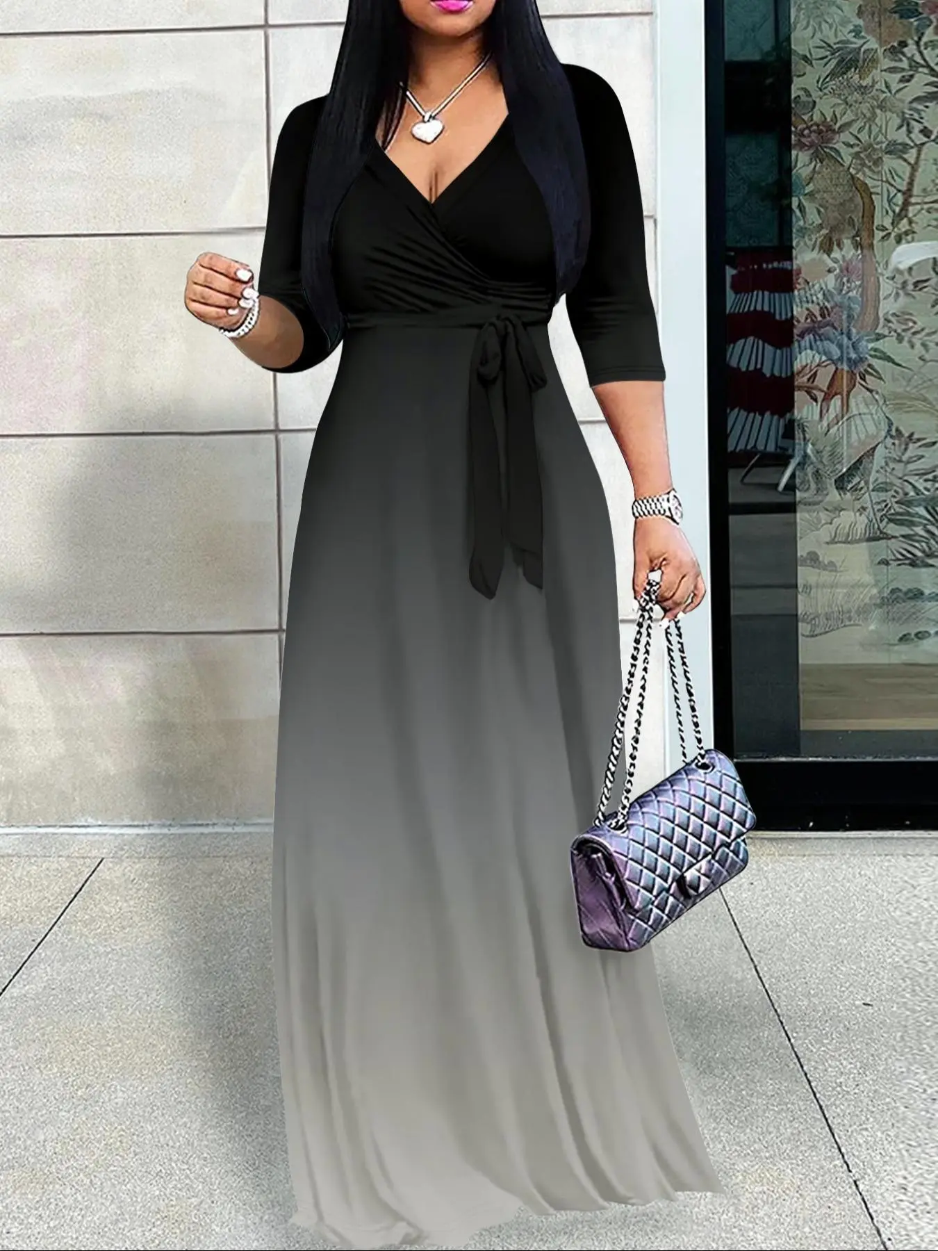 Women's Ombre Belted V Neck Dress, Chic Elegant Fashion Casual Dress for Daily Outdoor Wear, Women Dress for Spring & Fall