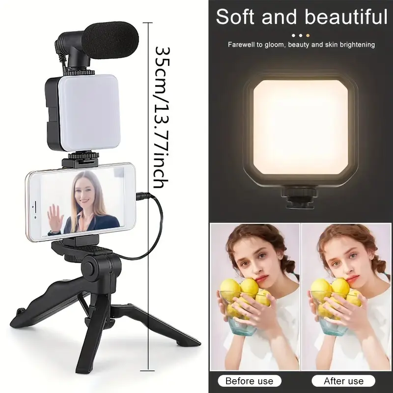 Camera Video Recording Video Blog Kit, Video Blog Kit with Camera & Microphone & Mini Tripod & LED Light & Phone Holder Clip, Suitable for Video Blogging 1