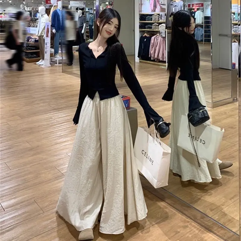 Bộ Đồ Thanh Lịch, Áo Thun Dài Tay Loe Màu Đen, Quần Culottes Thường Ngày Co Giãn Đầu Thu Cho Nữ, Bộ Hai Mảnh, Giao Hàng Trong Vòng Ngày