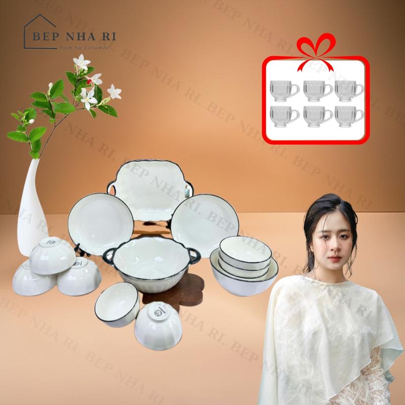 LinhLungLing - BepNhaRi Bộ Bát Đĩa màu trắng viền đen mã sọc trắng mới - Độc Quyền trong Live - Decor trang trí không gian Bếp