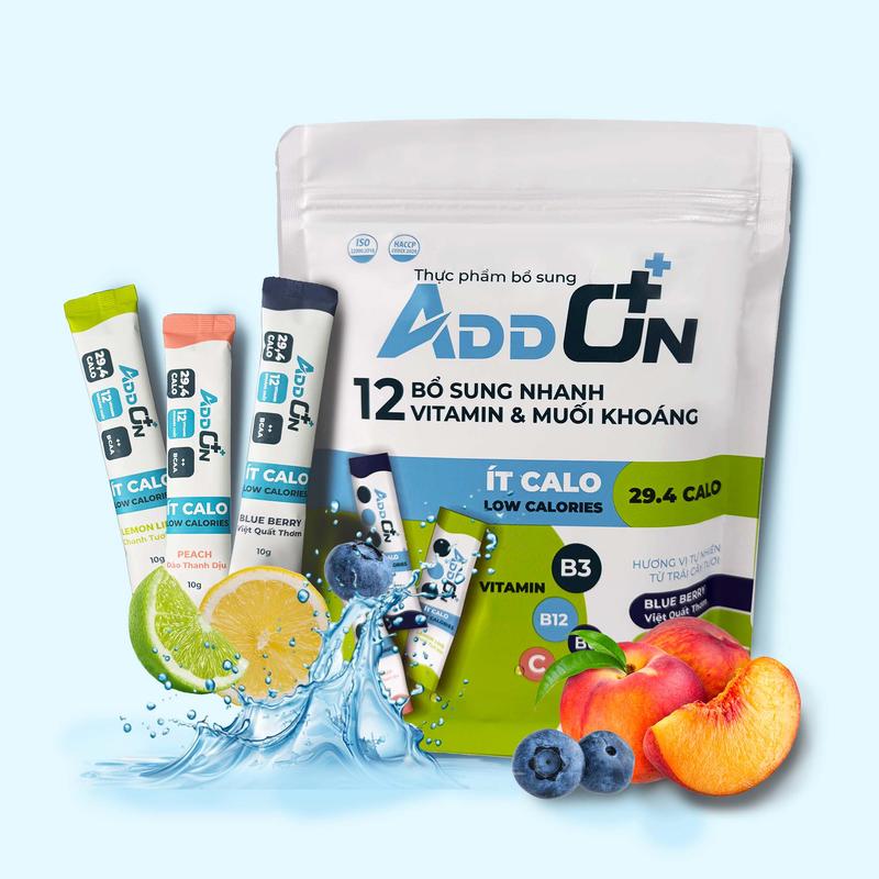 ADDON Pack 12 gói Bột điện giải thể thao ít calo bù nước, bổ sung muối khoáng hỗ trợ phục hồi giảm căng thẳng mệt mỏi 0