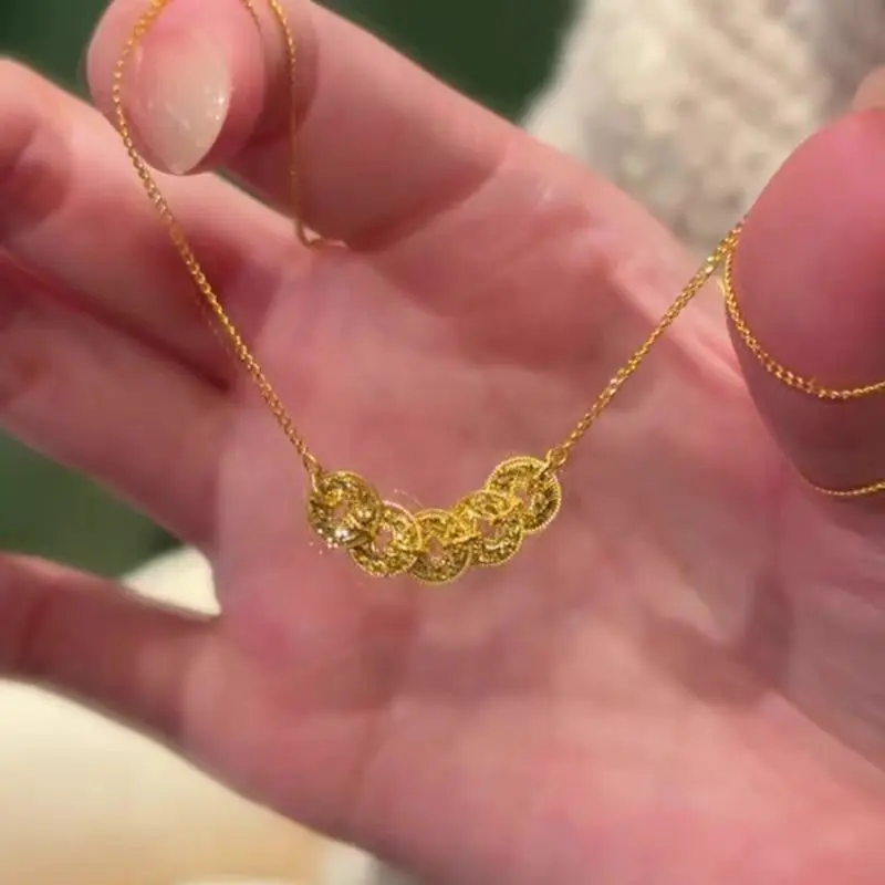 Gold-Plated Chinese Coin Pendant Necklace – Vintage Collarbone Chain for Luck & Style