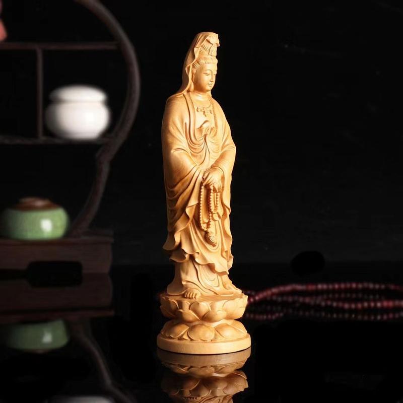 Product Introduction of Cliff Cypress Wood Carving Guanyin Buddha Statue Ornament Standing Statue Worship Household Solid Wood Guanyin Smiling Face Guanyin 9