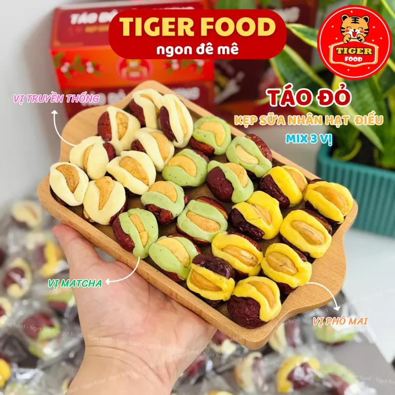 [ 1KG TÁO MIX 3 VỊ ] Táo Đỏ Kẹp Sữa Nhân Hạt Điều TIGER FOOD Táo đỏ Tân Cương kẹp sữa nhân hạt điều Mix 3 vị Matcha - Phô Mai và Truyền Thống - Đồ ăn vặt - bánh kẹo tết 2025 snack thức ăn Nuts 2