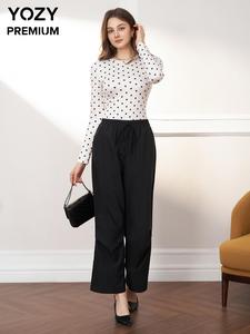 YOZY Women's Polka Dot Print Snap Button Crotch Bodysuit & Elastic Waist Pants Two-piece Set, Casual Long Sleeve Bodysuit & Pocket Trousers, Valentine's Day Outfit