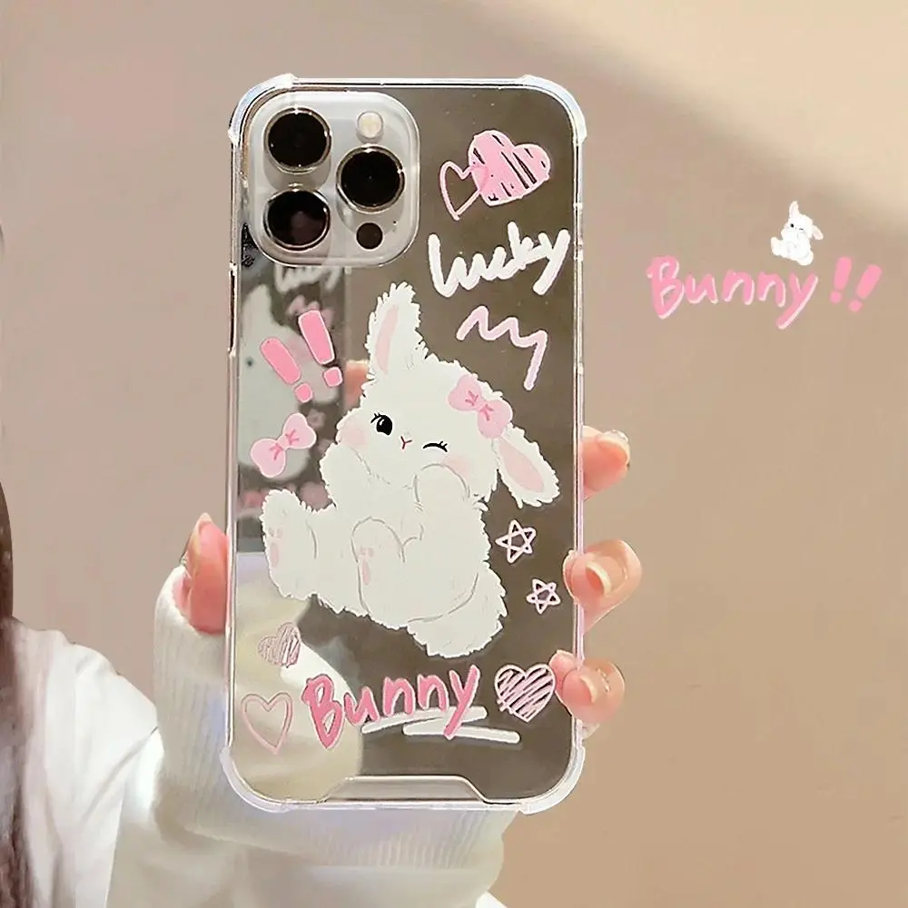Pink bow tie rabbit mirror Sweet girls Phone case For iPhone 15 14 13 12 11 Pro Max Xr 15 Plus case Cute Sweet cartoon art cover Protection Protective