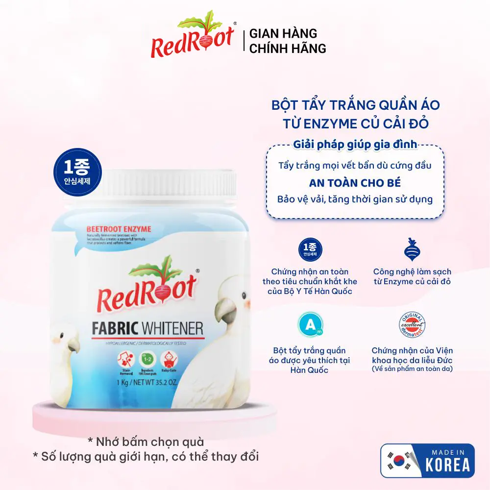 Nước Giặt Hữu Cơ Cho Trẻ Redroot Diệt 99,99% Vi Khuẩn, Đậm Đặc Chai 1000ml Chính Hãng Hàn Quốc