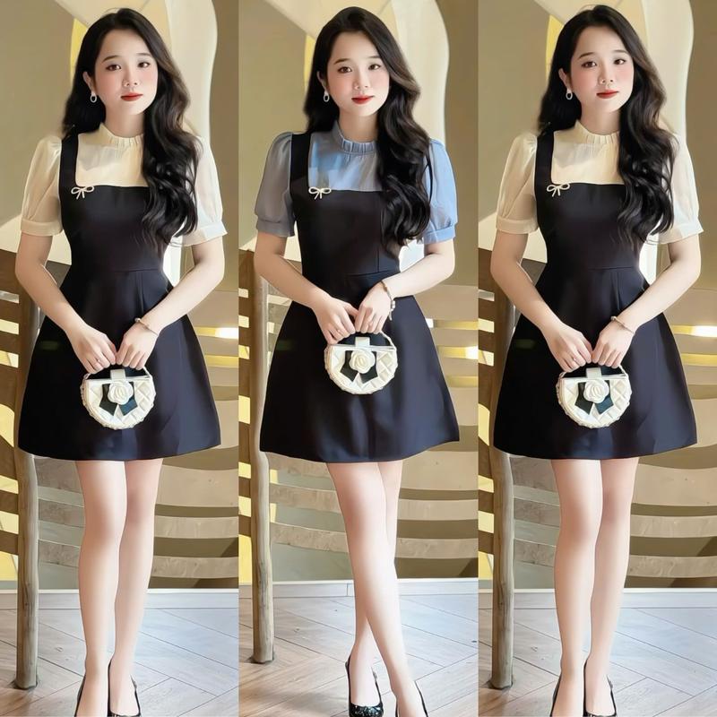 Váy yếm nữ cổ vuông B15, thiết kế tay bồng phối voan tay bồng dáng A, dễ thương đi chơi dự tiệc,size S,M,L,Xl,XXL.hoaiphuongshop