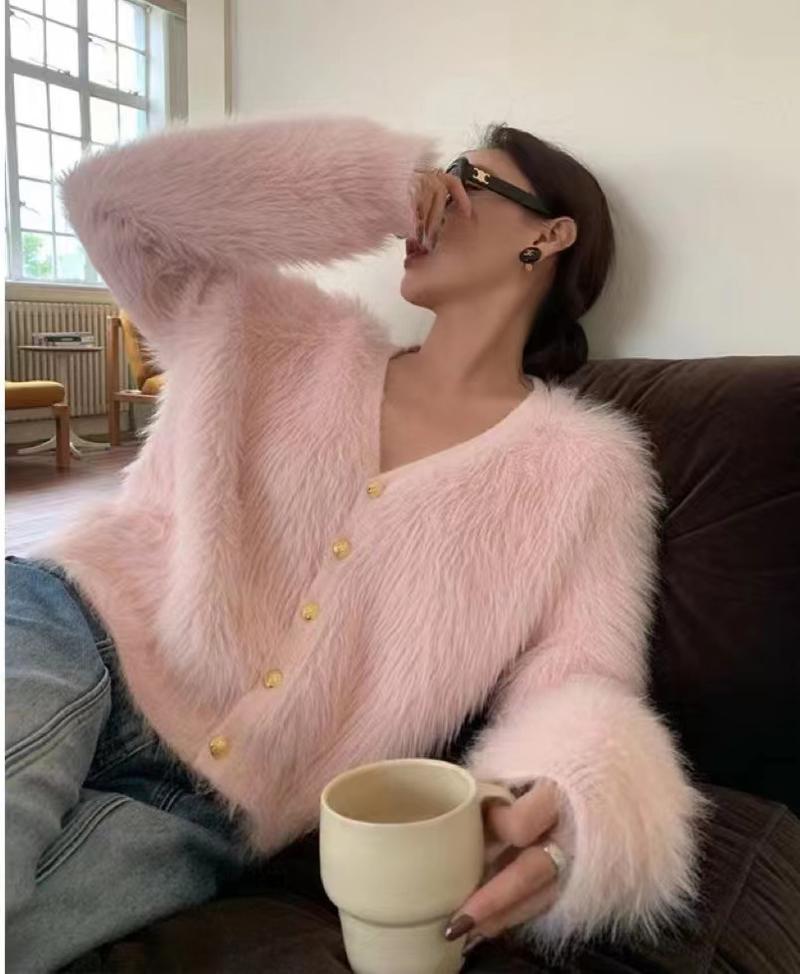 Product Introduction of Korean Style Pink Sweater Jacket Mohair Knitwear Loose Knit Cardigan croptop Knitted Sweater 14