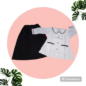 stelan baju hitam putih seragam anak perempuan madrasah usia 5-12tahun Katun Lengan panjang Polos Rok