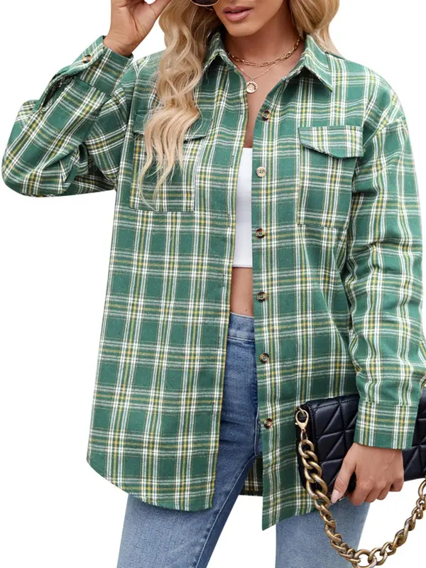Women's Tartan Print Button Front Pocket Shirt, Casual Drop Shoulder Long Sleeve Top for Fall & Winter, Women's Clothes for Daily Wear 5