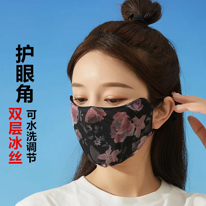 Summer, Ice Silk, Sun Protection Face Mask, Women's, Lightweight, Breathable, Extra Large, UV Protection, Eye Corner Guard, Chiffon Veil, Washable, Sun Shield, Reusable, Floral Pattern, Versatile.