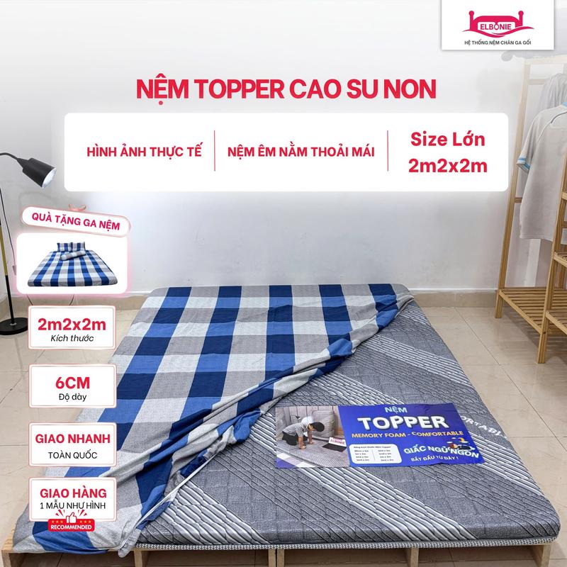 2m2x2m Nệm Topper cao cấp độ dày 6cm êm ái thoáng khí phù hợp gia đình cao su nhân tạo tặng 1 Ga cotton cùng size nệm