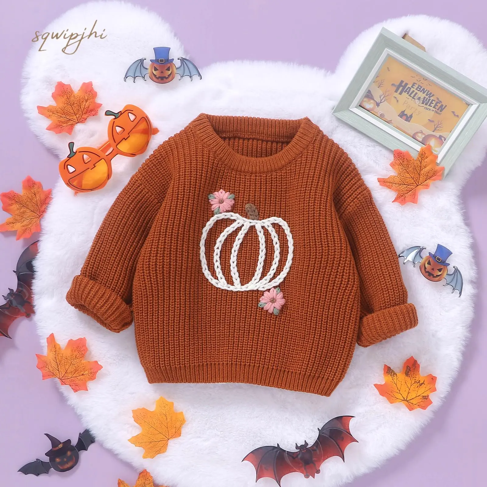 Baby Girl Sweaters Classic Long Sleeve Pumpkin Flower Embroidery Knit Pullover Toddler Fall Tops