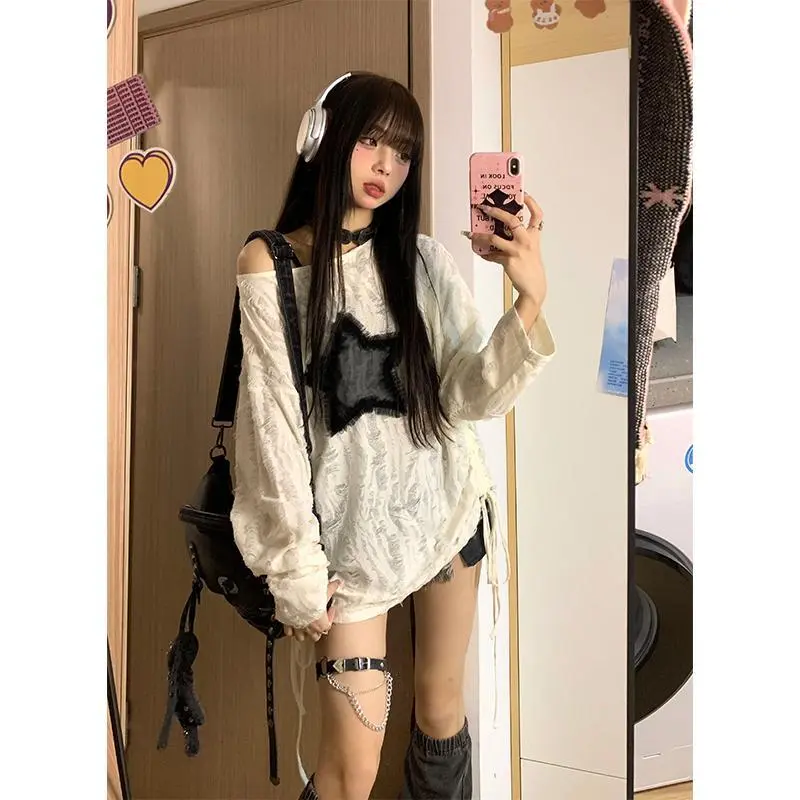Spring 2024 New Fashion women's clothing Japanese drawstring gray top xingx loose hole long sleeve
