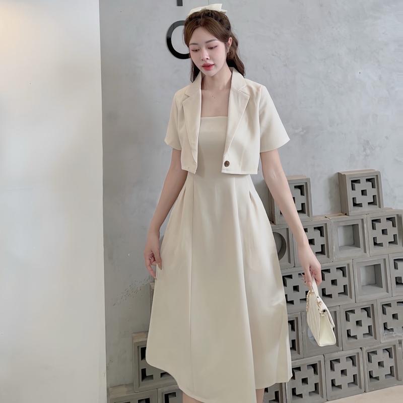 (SS251)SET ÁO CỔ VEST KÈM ĐẦM MIDI 2 DÂY DÁNG XOÈ xếp ly eo có túi 2 bên chất cotton lì phù hợp đi làm đi tiệc đi chơi Nữ Women  Top Kem Voi Nhung