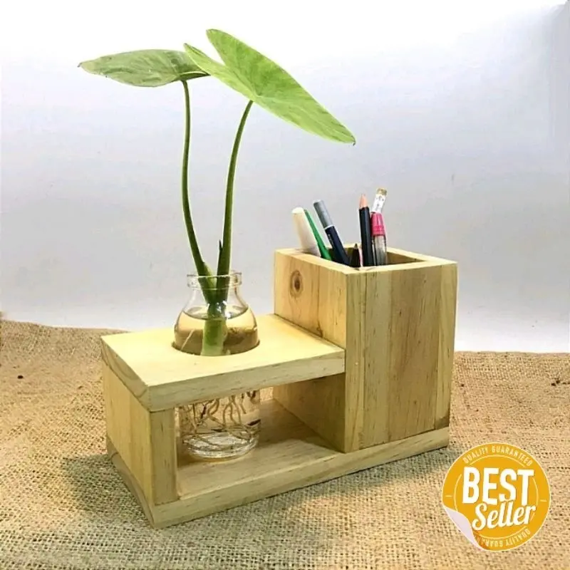 Vas Bunga Kayu Botol Hidroponik Estetik / Tempat Pulpen Pensil Remote/ Rak sendok Garpu Sumpit / Pajangan Hiasan Dekorasi Rumah Meja Kerja Belajar Aesthetic / Planter Kayu