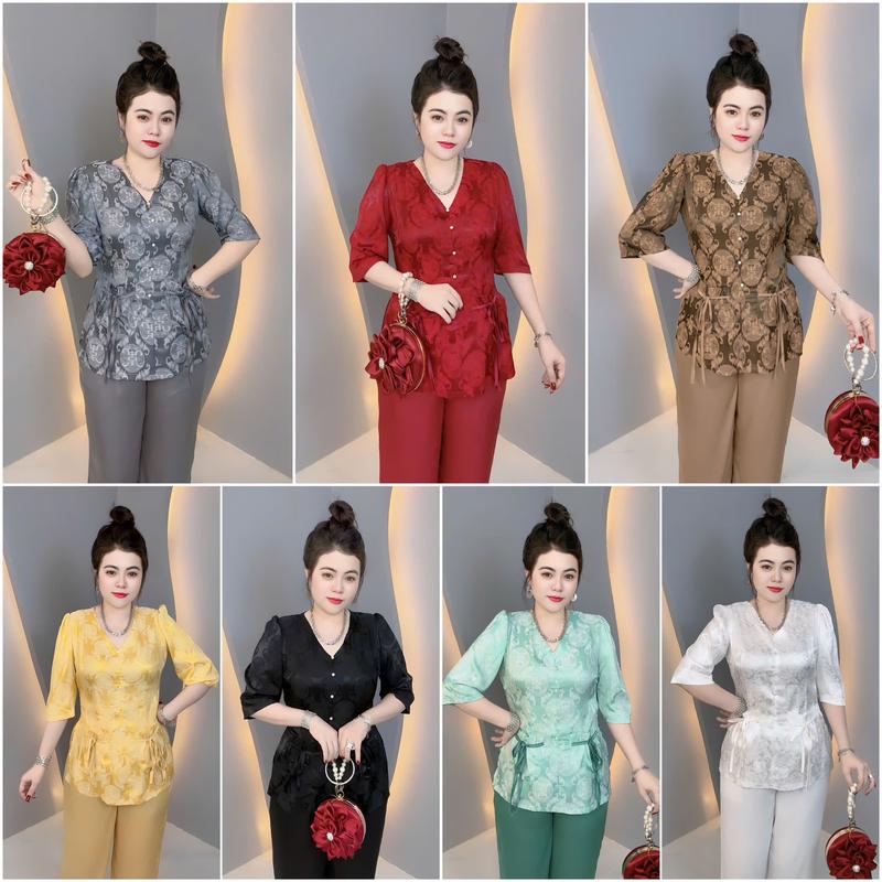 THIẾT KẾ BÀ BA CỔ TIM TÚI TIỀN , tay lỡ quần dài, bộ gồm áo và quần, thiết kế sang trọng cho chị em phụ nữ.