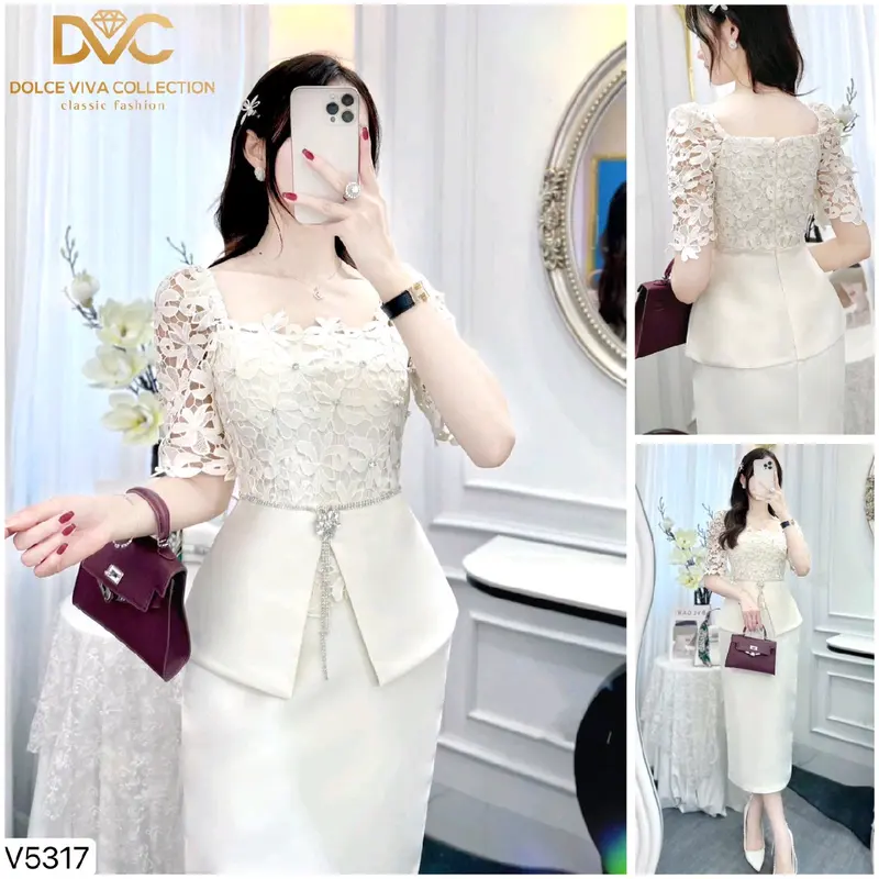 V5317 Đầm Ren Thiết Kế Đính Tag Đá Sang Trọng Mặc Đi Tiệc Đi Làm DVC 5