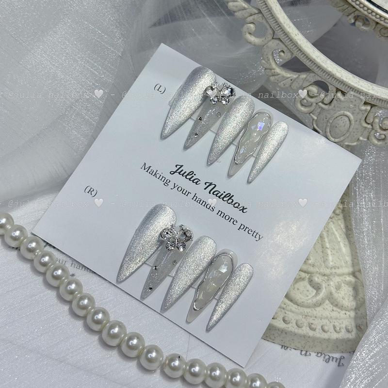 JuliaNailbox Mã 448 mắt mèo ẩn nhũ xà cừ Móng tay giả thiết kế thủ công, sơn gel( tặng kèm keo, miếng dán, dũa, bông cồn ), gắn dễ dàng, tiện lợi có thể tái sử dụng