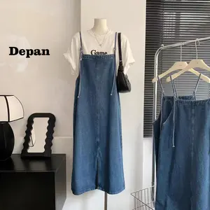 【Jeans.cewek】overall jeans wanita dress korean style skirt midi dress long skirt rok denim panjang Casual Retro Biru Gaun rok