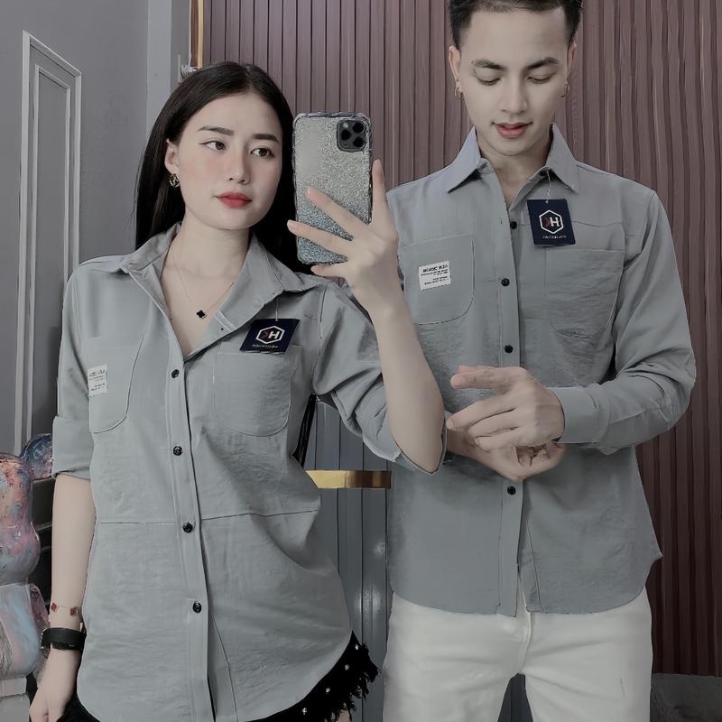 Áo Sơ Mi Nam Nữ Tay Dài Vải Đũi Màu Ghi Trên Áo Đôi Form Chuẩn ST MEN STORE Menswear Có Cổ Unisex