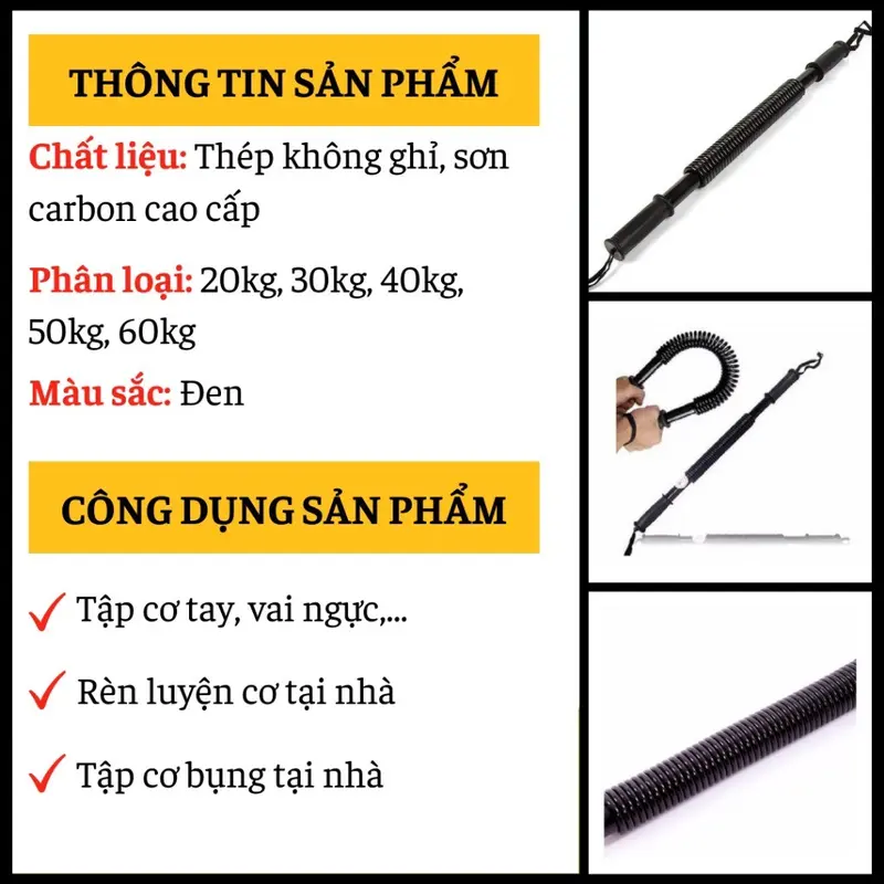 Gậy Lò Xo Bẻ Tập Cơ Tay, Cơ Vai, Gậy Lò Xo Tập Bắp Tay, dụng cụ tập GYM Cao Cấp  20kg, 30kg, 40kg, 60kg Bóp Tay Tập Tay 4