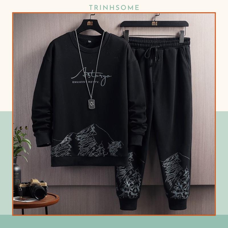 Bộ quần áo nỉ Thu Đông Lót Bông Mỏng Nhẹ họa tiết núi, đủ size S-2XL thể thao năng động, trắng đen, thoáng mát. Mã: MD.HT